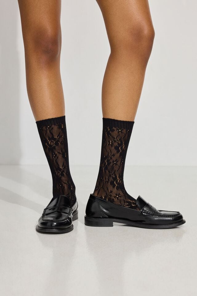 Women Garage Pack Of 2 Lacy Knee High Socks Black / White | A-3762408