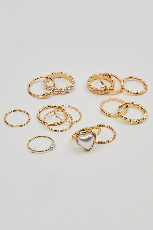 Women Garage Set Of 14 Pearl Heart & Delicate Rings White / Gold | A-3491725