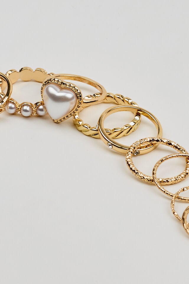 Women Garage Set Of 14 Pearl Heart & Delicate Rings White / Gold | A-3491725