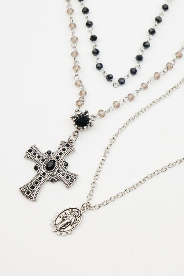 Women Garage Set Of 2 Mary & Rosary Necklaces Silver / Black | A-4790865