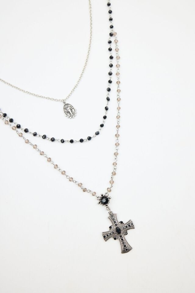 Women Garage Set Of 2 Mary & Rosary Necklaces Silver / Black | A-4790865