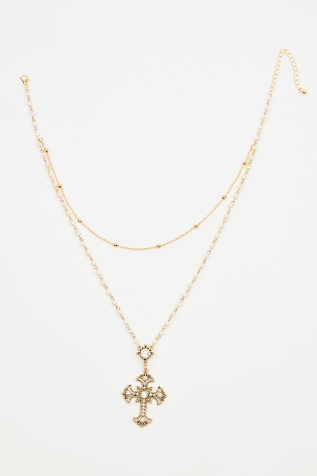 Women Garage Set Of 2 Pearl & Cross Rosary Necklaces White / Gold | A-4562139