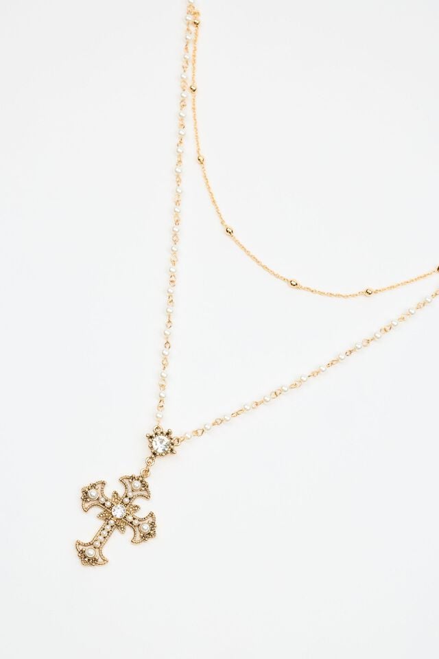 Women Garage Set Of 2 Pearl & Cross Rosary Necklaces White / Gold | A-4562139