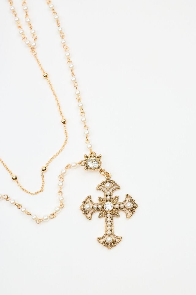 Women Garage Set Of 2 Pearl & Cross Rosary Necklaces White / Gold | A-4562139