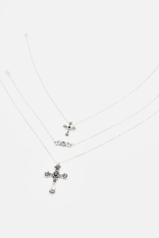 Women Garage Set Of 3 Flower, Cross, & Roses Necklaces Silver | A-8745126