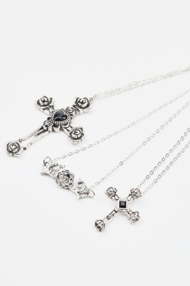 Women Garage Set Of 3 Flower, Cross, & Roses Necklaces Silver | A-8745126