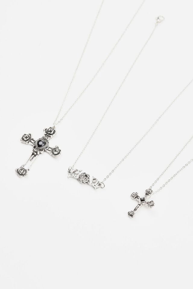 Women Garage Set Of 3 Flower, Cross, & Roses Necklaces Silver | A-8745126