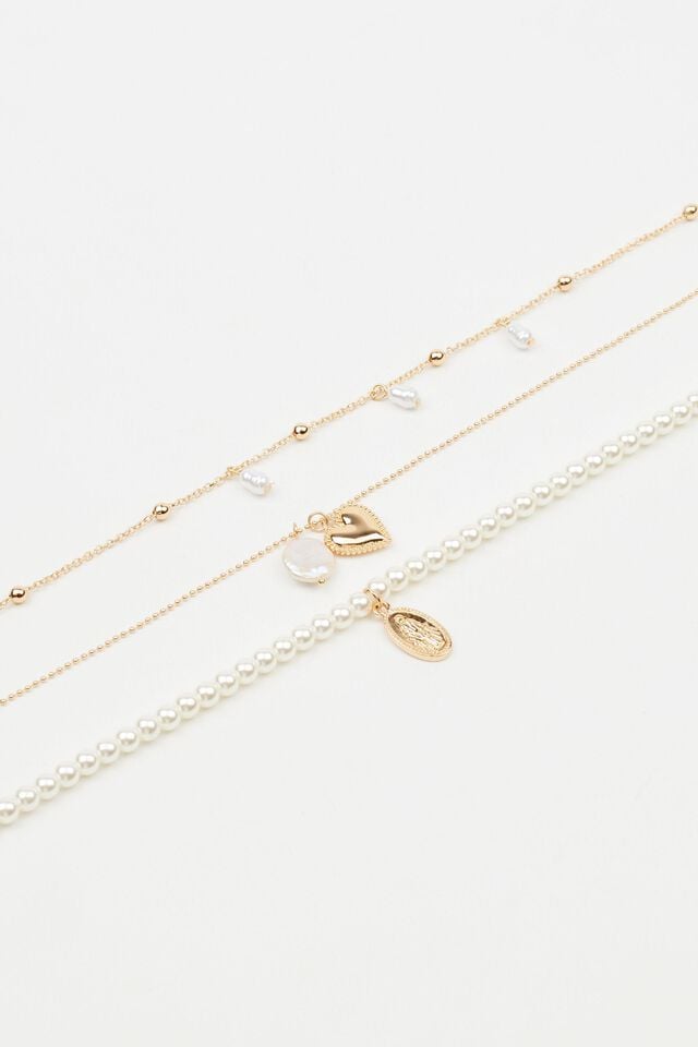 Women Garage Set Of 3 Pearl & Charm Necklaces White / Gold | A-2146593