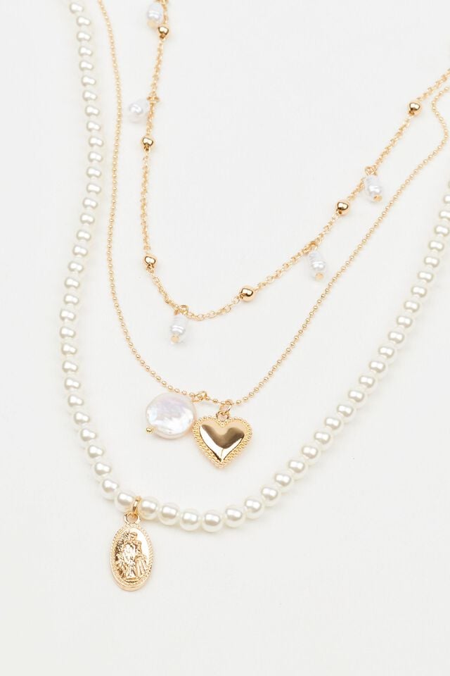 Women Garage Set Of 3 Pearl & Charm Necklaces White / Gold | A-2146593