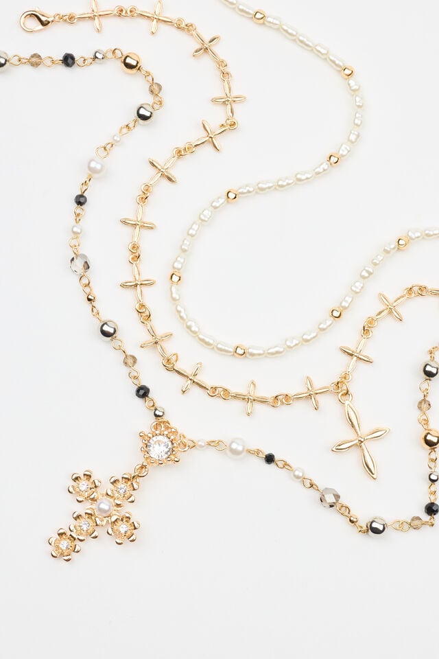 Women Garage Set Of 3 Rosary, Cross, And Pearl Necklaces Silver / Gold / White | A-0496351