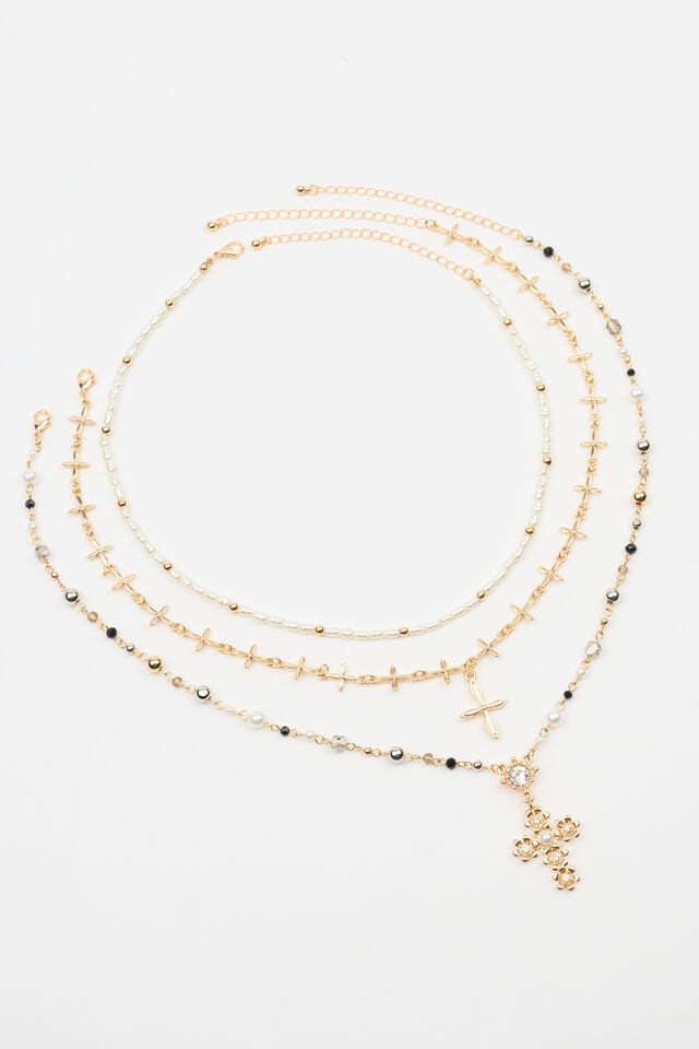 Women Garage Set Of 3 Rosary, Cross, And Pearl Necklaces Silver / Gold / White | A-0496351