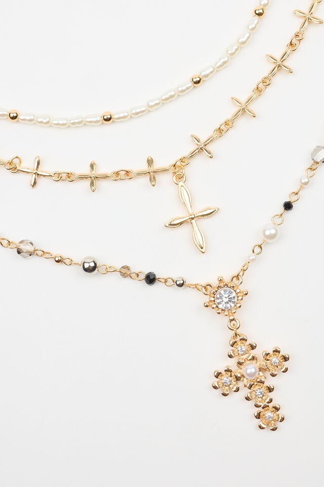 Women Garage Set Of 3 Rosary, Cross, And Pearl Necklaces Silver / Gold / White | A-0496351