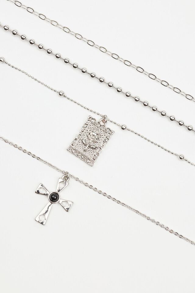 Women Garage Set Of 4 Cross & Rose Pendant Necklaces Silver | A-1027984