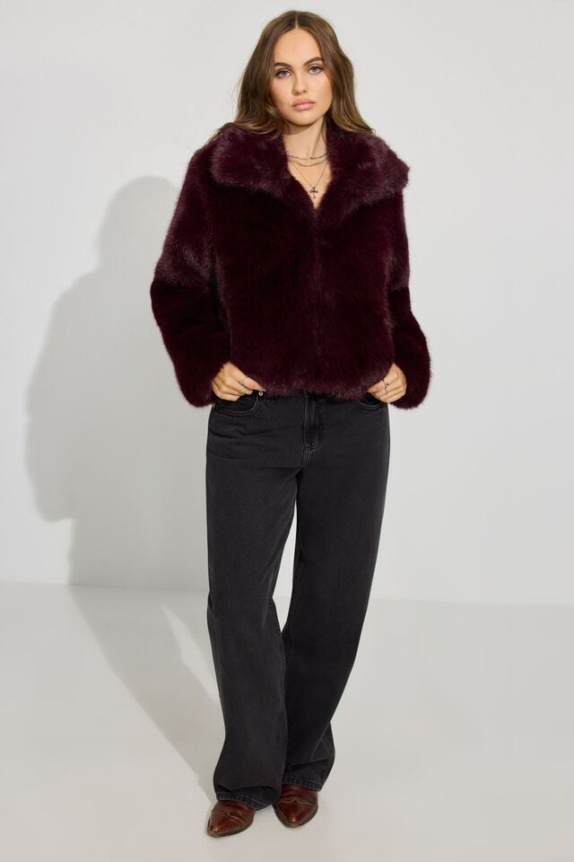 Women Garage Short Faux Fur Coat Dark Red | A-0843957