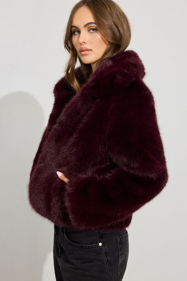 Women Garage Short Faux Fur Coat Dark Red | A-0843957