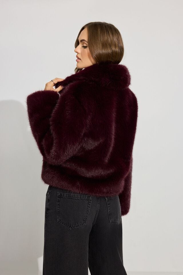 Women Garage Short Faux Fur Coat Dark Red | A-0843957