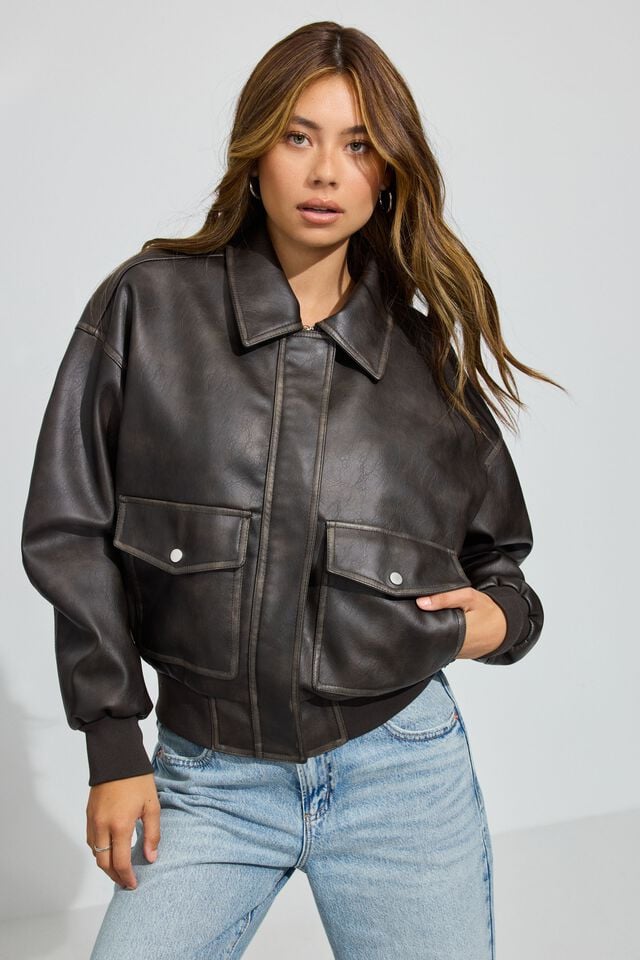 Women Garage Vintage Faux Leather Down Jackets Brown | A-5024981