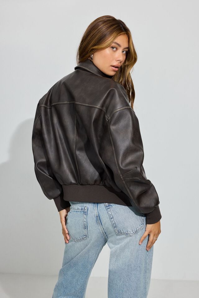 Women Garage Vintage Faux Leather Down Jackets Brown | A-5024981
