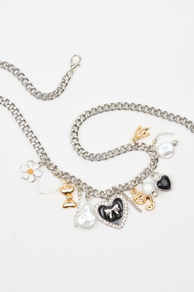 Women Garage Vintage Hearts & Pearls Charm Necklaces Black / White / Silver | A-6835270
