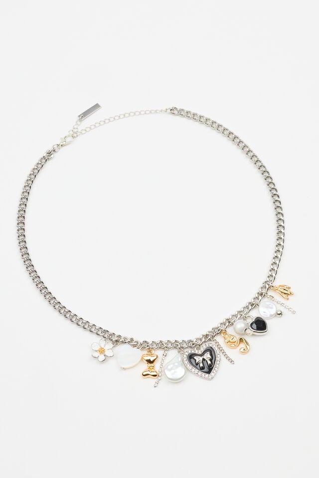 Women Garage Vintage Hearts & Pearls Charm Necklaces Black / White / Silver | A-6835270