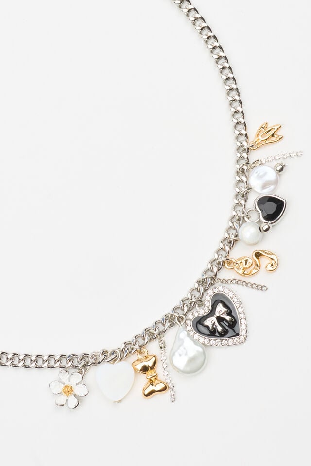Women Garage Vintage Hearts & Pearls Charm Necklaces Black / White / Silver | A-6835270